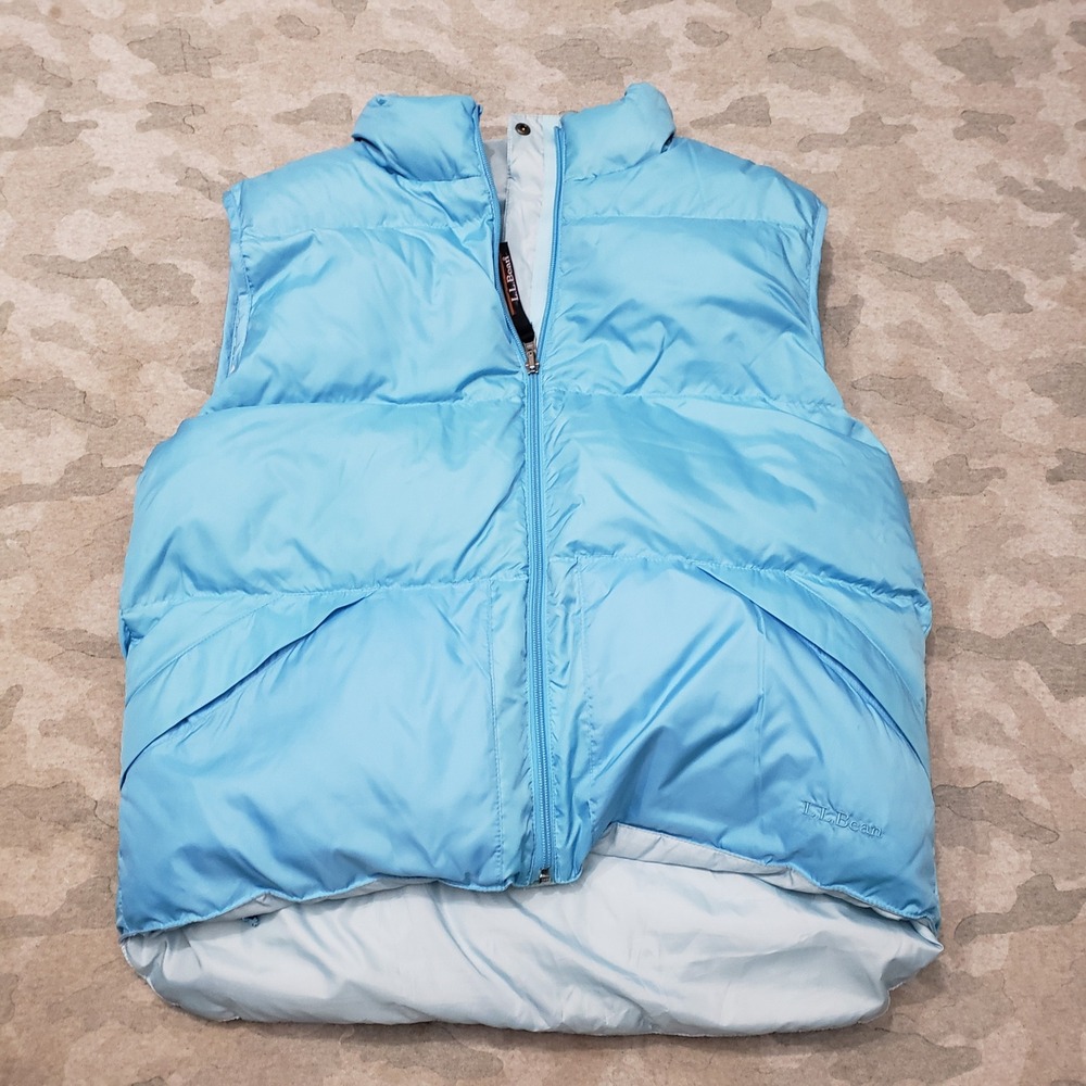 L.L. Bean Puffer Vest Women Large Blue Goose Down Quilted Full Zip Reversible